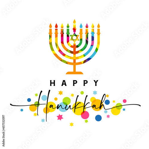 Happy Hanukkah card with elegant lettering and colored hanuka menorah. Jewish festival of lights web banner with calligraphy and menorah. Vector illustration