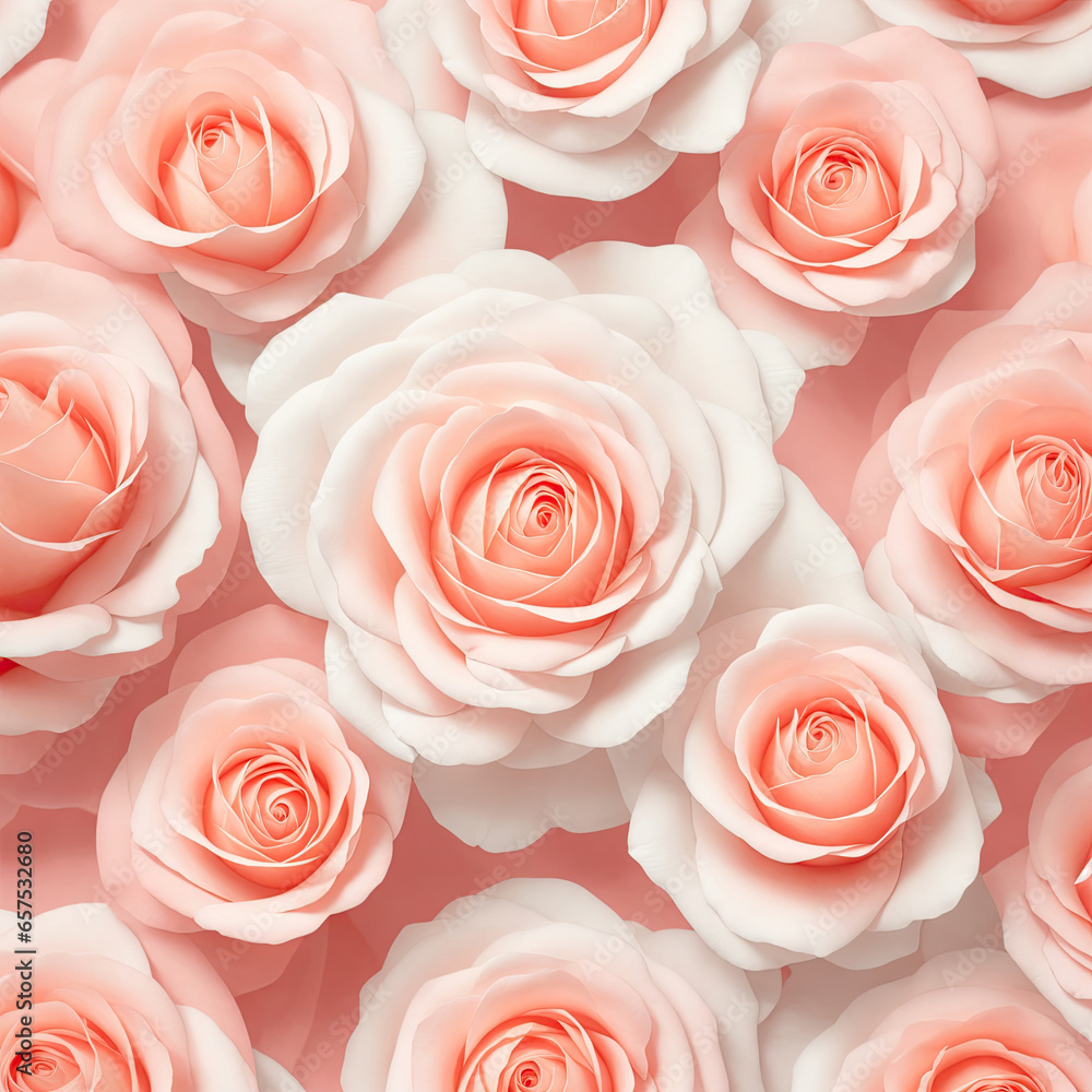 Fototapeta premium Peach color many roses on flat peach background, abstract floral illustration