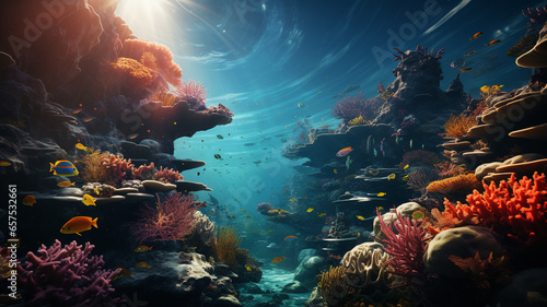 underwater scene with colorful fish, coral reef and fish