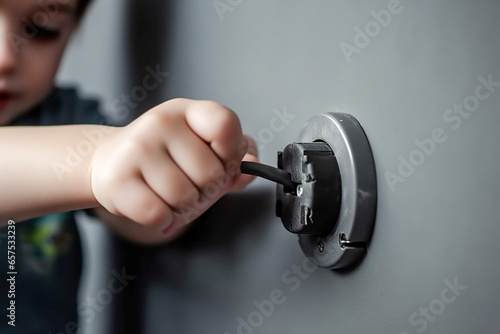 A child plays with a socket at home. Danger for the baby at home. Electric shock to a child.
