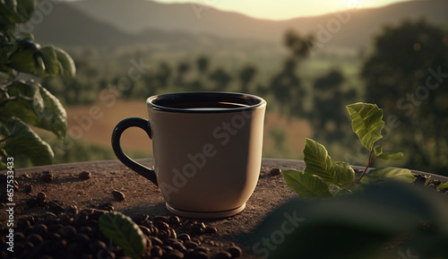 A cup of hot coffee from organic coffee beans on a plantation background. Generative AI