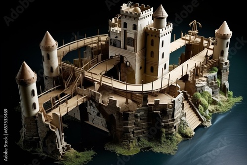 Conceptual toy castle featuring a drawbridge and moat. Generative AI photo