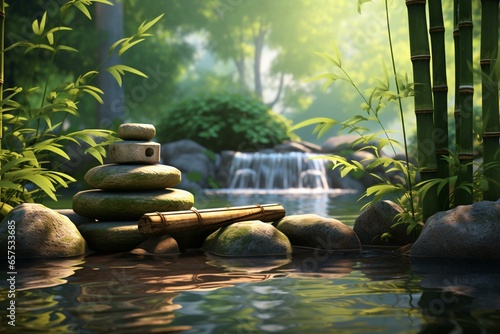 A serene setting with bamboo, rocks, and water, capturing the essence of meditation, feng shui, relaxation, and zen. Sunlight illuminates the peaceful nature. Generative AI