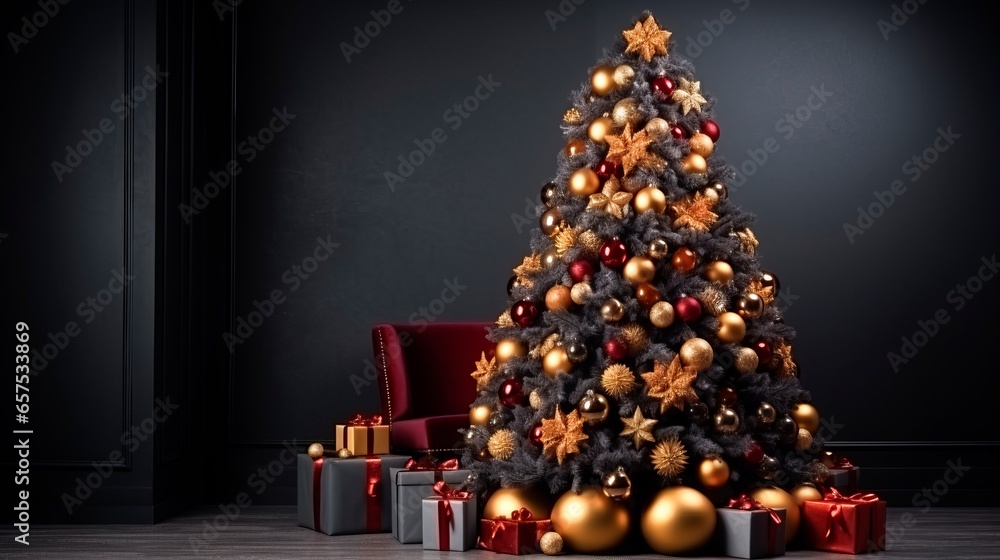 Christmas tree with gifts on dark background. Christmas and New Year concept. copy space 