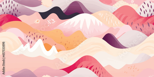 Seamless pattern with landscape, desert, mountains, pastel tones, burnt orange, terracotta colors. Boho wall decor. Abstract Mid century modern minimalist art print. Aesthetic background.