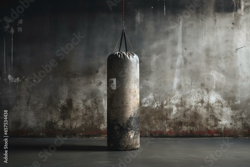 Gym punching bag against concrete wall. Generative AI photo