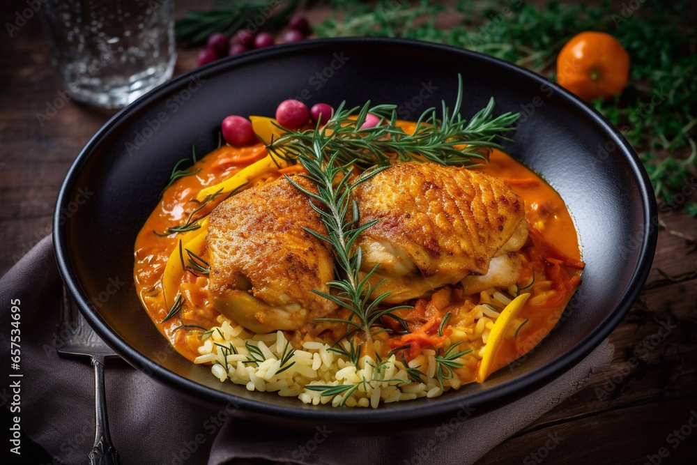 Chicken and vegetable curry, garnished with fresh herbs and served on a white plate. Generative AI. Chicken and vegetable curry, garnished with fresh herbs and served on a white plate. Generative AI.