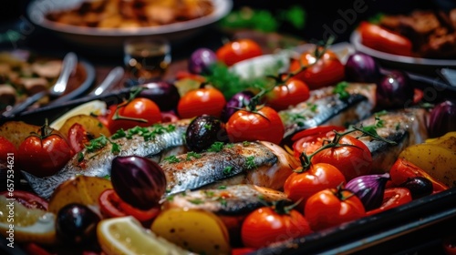 grilled fish with vegetables on the table. style vintage. selective focus