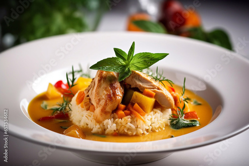 Chicken and vegetable curry, garnished with fresh herbs and served on a white plate. Generative AI.