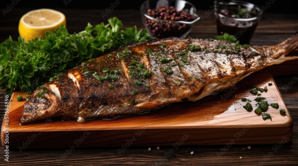 Grilled fish with herbs and spices on a cutting board. Grilled fish with herbs and spices on a cutting board.