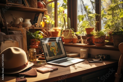Beautiful workspace - online remote work from home concept in tropical country. A wooden table with computer laptop, candles beside the window with sun light shine and green plants. No people. © Irina Mikhailichenko