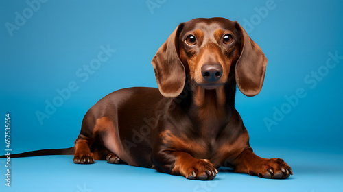 Adorable Chocolate and Tan Dachshund on blue studio backdrop