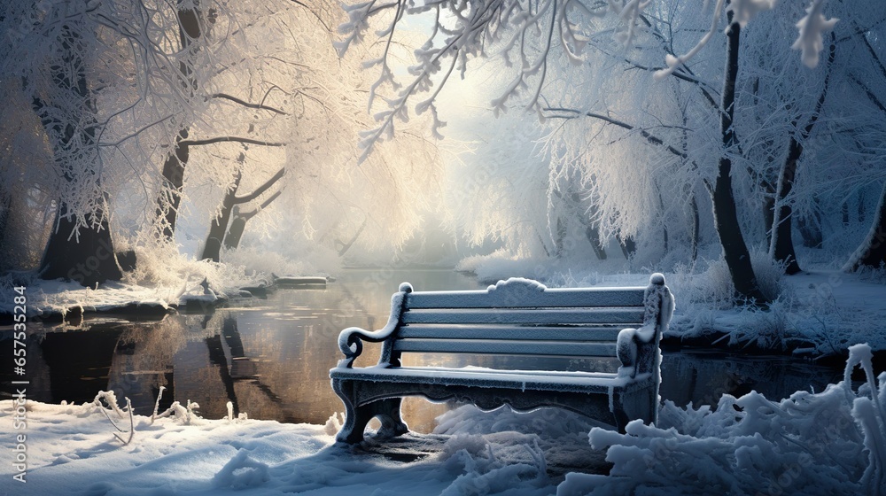 Winter in the forest with snowy bench in December, sunset, snow, nowflakes and sunbeam | Generative AI