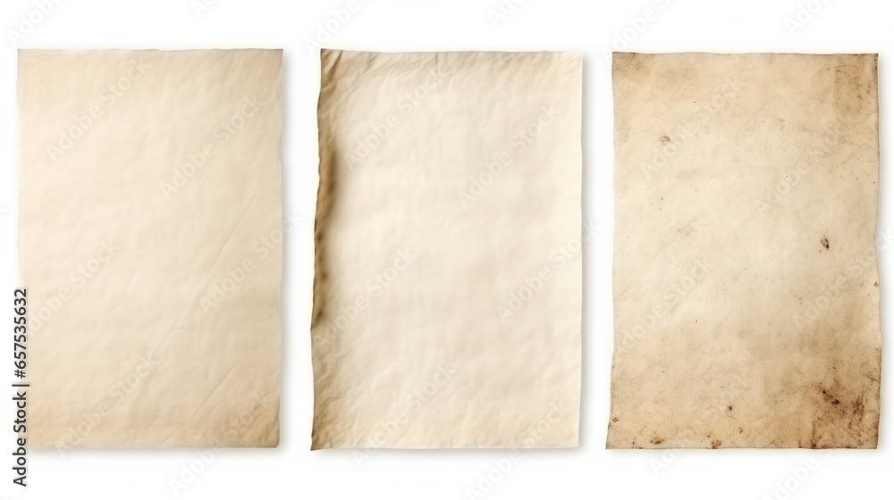 Three vintage paper sheets with lined texture on a clean white background