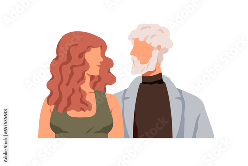 Old senior man and young woman look at each other. Love couple, family faces. People with age gap, communication, relationship concept. Flat graphic vector illustrations isolated on white background
