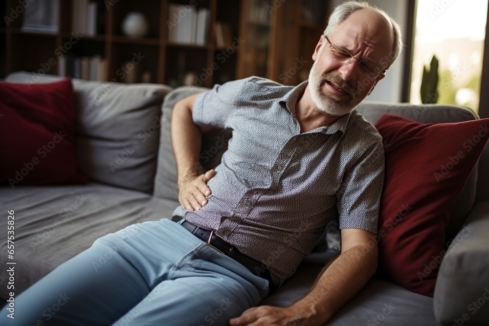 man on a couch sick with a tummy ache. man on a couch sick with a tummy ache.