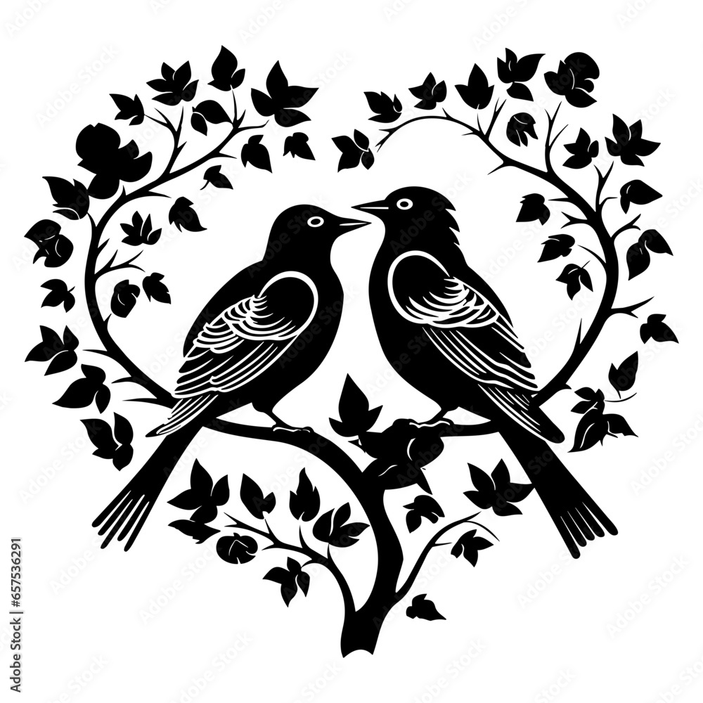 love birds, Wall Decals, Birds Couple in Love, Birds Silhouette on branch and Hearts Illustrations isolated on white background .Art Decoration love birds, Wall Decals, Birds Couple in Love, Birds Silhouette on branch and Hearts Illustrations isolated on white background .Art Decoration