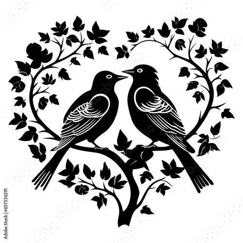love birds, Wall Decals, Birds Couple in Love, Birds Silhouette on branch and Hearts Illustrations isolated on white background .Art Decoration