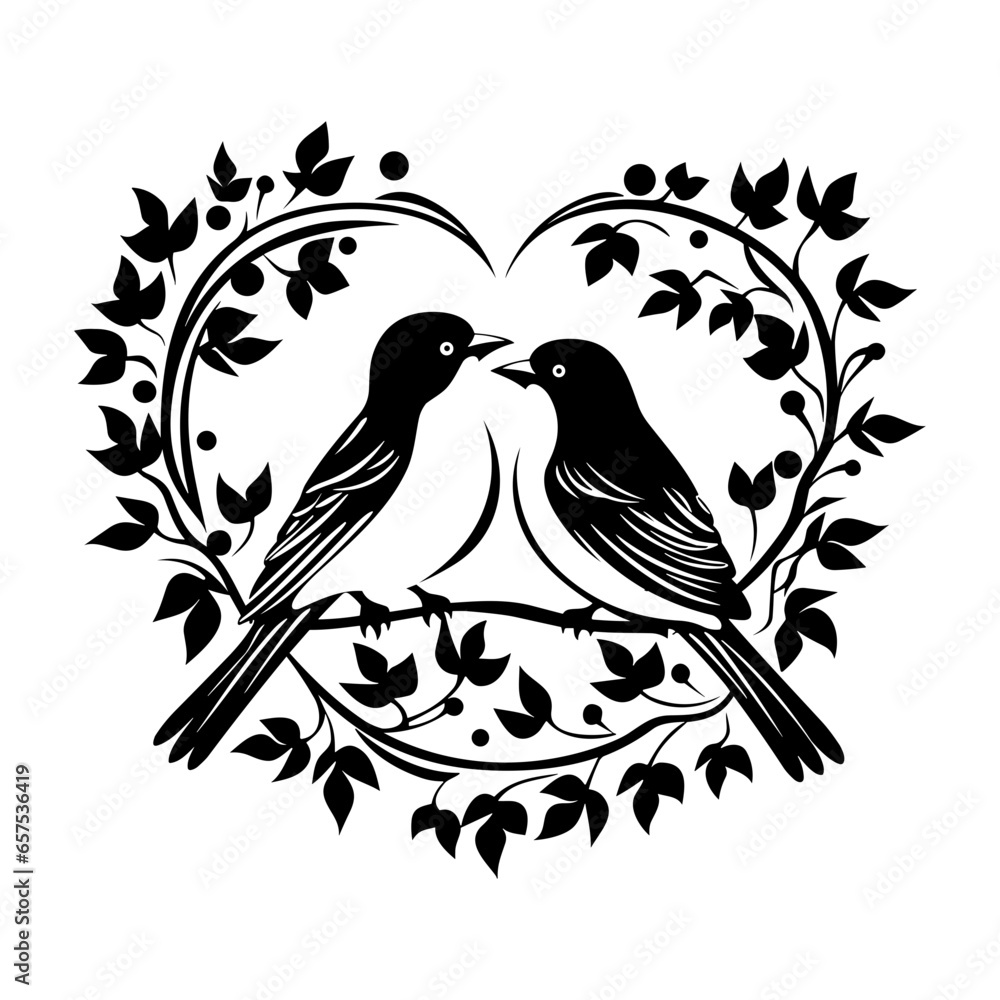 love birds, Wall Decals, Birds Couple in Love, Birds Silhouette on branch and Hearts Illustrations isolated on white background .Art Decoration love birds, Wall Decals, Birds Couple in Love, Birds Silhouette on branch and Hearts Illustrations isolated on white background .Art Decoration