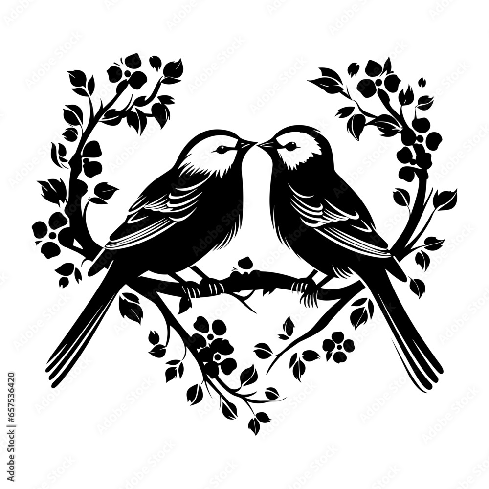 love birds, Wall Decals, Birds Couple in Love, Birds Silhouette on branch and Hearts Illustrations isolated on white background .Art Decoration love birds, Wall Decals, Birds Couple in Love, Birds Silhouette on branch and Hearts Illustrations isolated on white background .Art Decoration