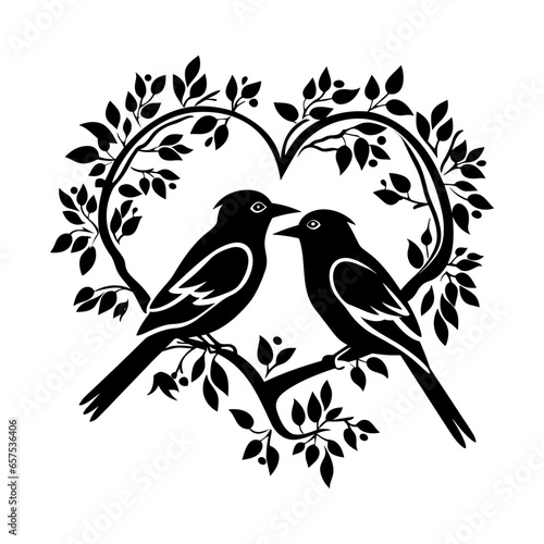 love birds  Wall Decals  Birds Couple in Love  Birds Silhouette on branch and Hearts Illustrations isolated on white background .Art Decoration
