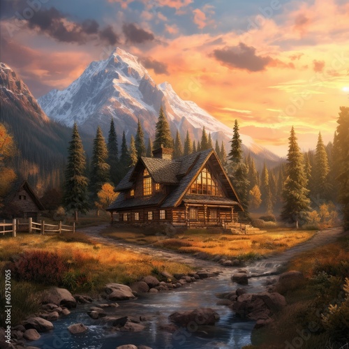 A cozy mountain cottage is in beautiful day landscape scenery with sunset light. Generative Ai.