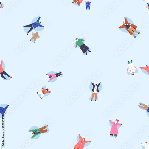 Seamless winter pattern with happy people making snow angels. Wintertime holi...