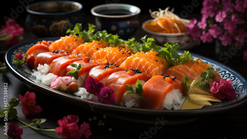 delicious japanese sushi rolls with salmon and vegetables