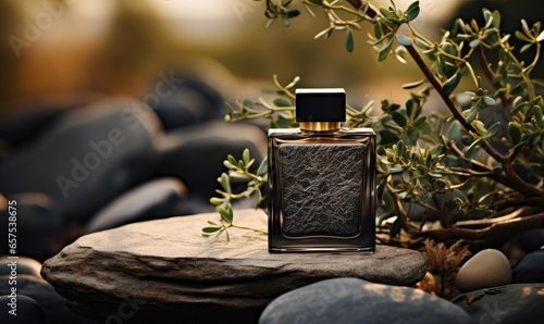 The beautiful black bottle of perfume is a symbol of luxury and sophistication.