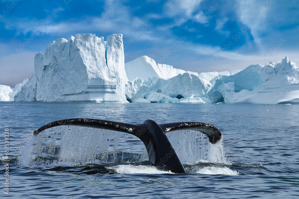Close-up of the tail fin of a Humpback whale (Megaptera novaeangliae) swiming among of icebergs at Ilulissat Icefjord. Whale watching tour with big Humpback whale tail fin looking out of water. - obrazy, fototapety, plakaty 
