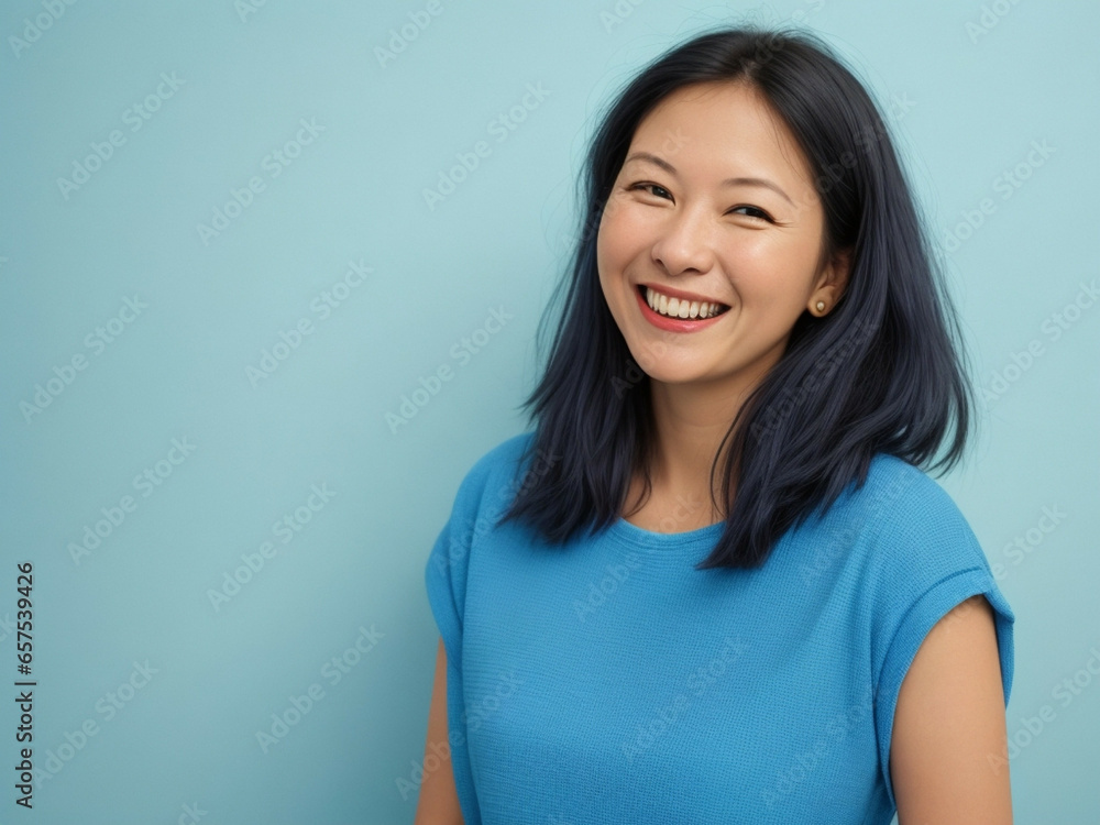 Handsome, smiling and laughing human. Solid blue color clothes and background Handsome, smiling and laughing human. Solid blue color clothes and background