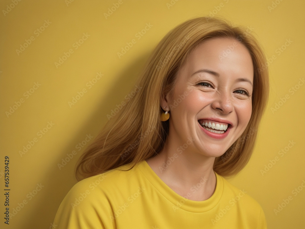 Handsome, smiling and laughing human. Solid yellow color clothes and background Handsome, smiling and laughing human. Solid yellow color clothes and background