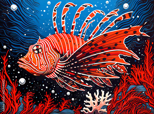 Lionfish Linocut fine Linework in a Schematic Underwater Setting