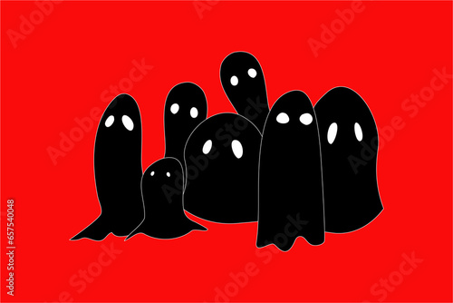 Vector drawing group of ghost in red background. Halloween concept.