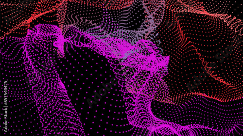 Energy net flows. Dot particle lines penetrating fog. Neon lights plexus of knots. Curved node row space infinity. Linking funnel universe parameters. Background information technology presentation.