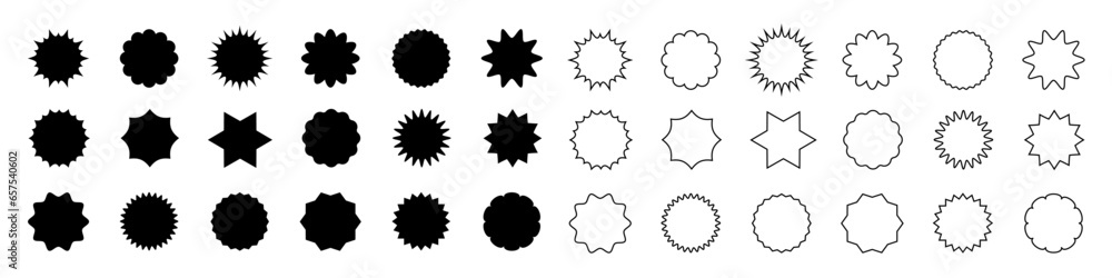 Flat simple starburst shapes. Sticker, label, promotional badge on white background Flat simple starburst shapes. Sticker, label, promotional badge on white background