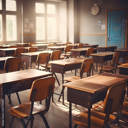 Empty Classroom. Back to school concept in high school. Classroom Interior Vintage Wooden Lecture Wooden Chairs and Desks. Studying lessons in secondary education, Generative AI