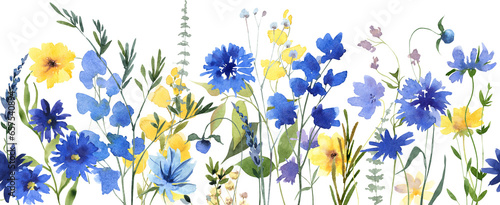 Watercolor blue and yellow wildflowers seamless border, Cornflowers and dandelions Botanical liiustration