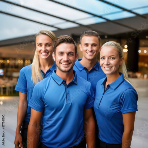 A smiling young dental assistant team in blue polo shirts