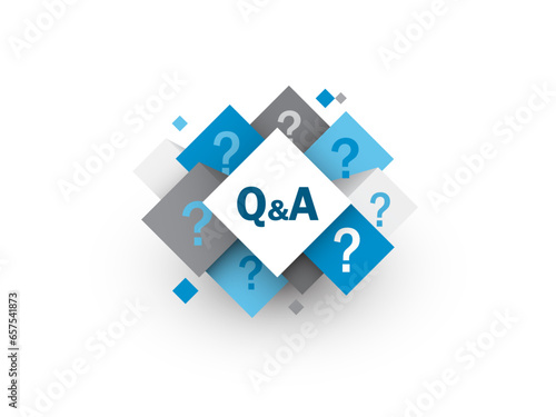 Q&A vector business concept with symbols on blue, white and gray cubes