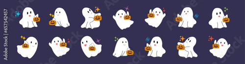 Little cute ghosts collection. Cartoon spooky character with different emotions and face expressions. Funny kawaii spirits. Flat vector illustration for holiday decoration.
