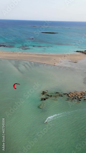 Aerial view of kite surf session in Elafonisi Beach, Crete, Greece