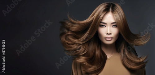 Woman swirls hair banner. Brunette female. Generate Ai