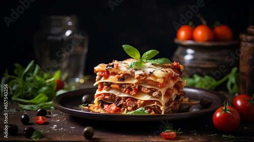 Delicious homemade lasagna with fresh tomatoes, black olives, and cheese on a white plate