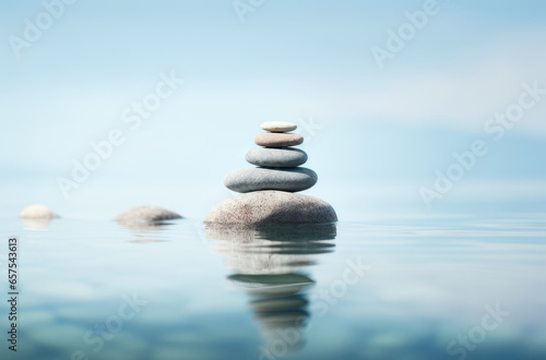 Peaceful zen stones stacked on calm water with blue sky