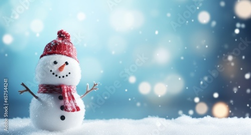 Merry christmas and happy new year greeting card with copy-space.Happy snowman standing in christmas landscape.Snow background. © XC Stock