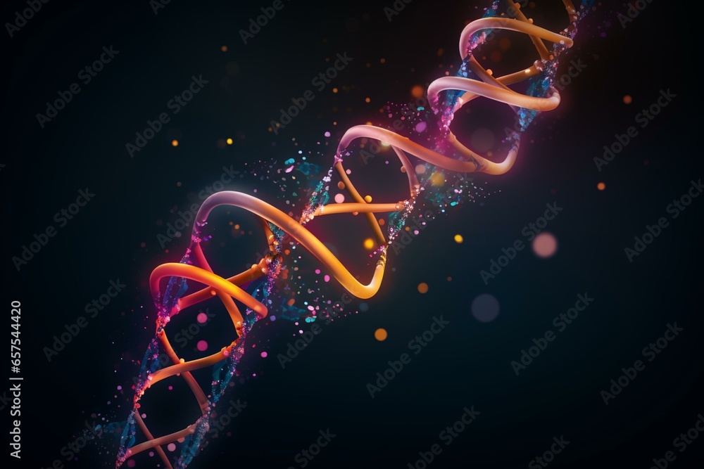 illustration of vibrant molecular DNA structure on dark backdrop. Generative AI