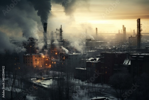 Smoke from heating station contributing to environmental pollution and global warming in a winter cityscape. Focus on climate change and preserving ecosystem. Generative AI