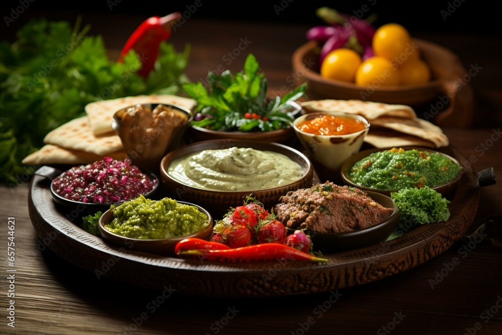 Authentic Middle Eastern dish with a variety of flavorful meze, beautifully presented from different angles. Generative AI