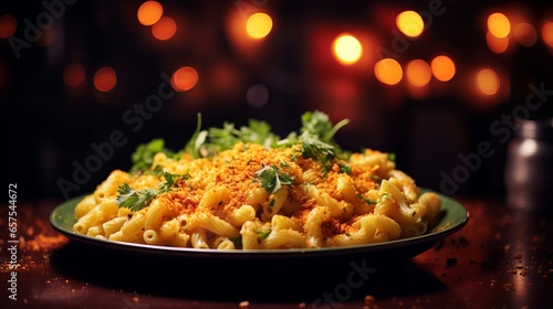 Delicious homemade macaroni and cheese in a white ceramic bowl on a wooden table with fresh parsley and black pepper